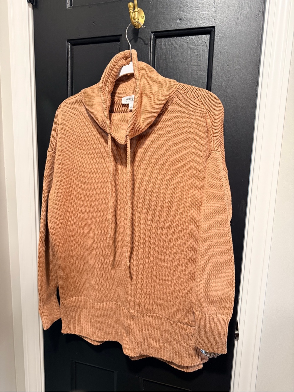 Drawstring Cowl-Neck Sweater in Camel